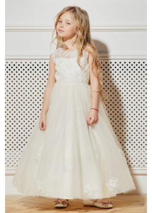 Ivory Lace Tulle Keyhole Back Ankle Length Flower Girl Dress